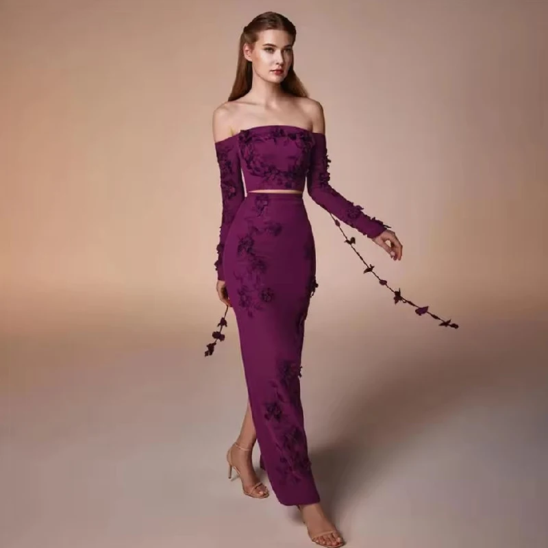 

Rear Fork Elegant Customized Prom Dresses 2025 Off the Shoulder Sheath Party Dresses 3D Flower Zip Evening Dresses