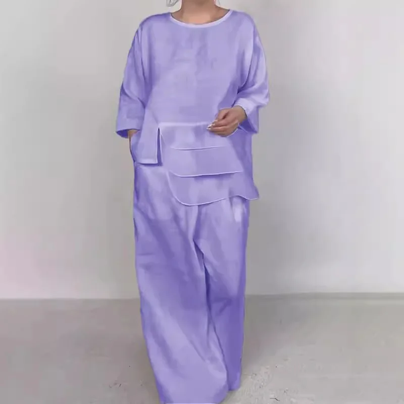 Two-piece Set 2024 Matching Sets Round Neck Satin Layered Top and Wide-leg Pants Set