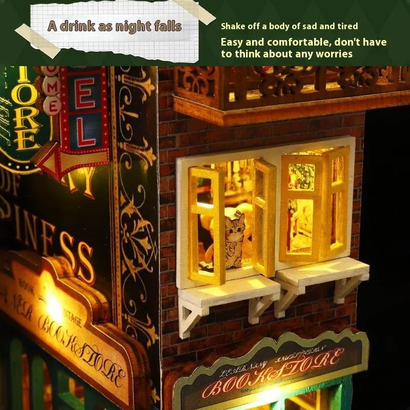 Puzzled Wooden Book Nook 3d Miniature Model Dollhouse With Led Light Diy Bookshelf Insert Desk Decor Building Bookend Scarbrough