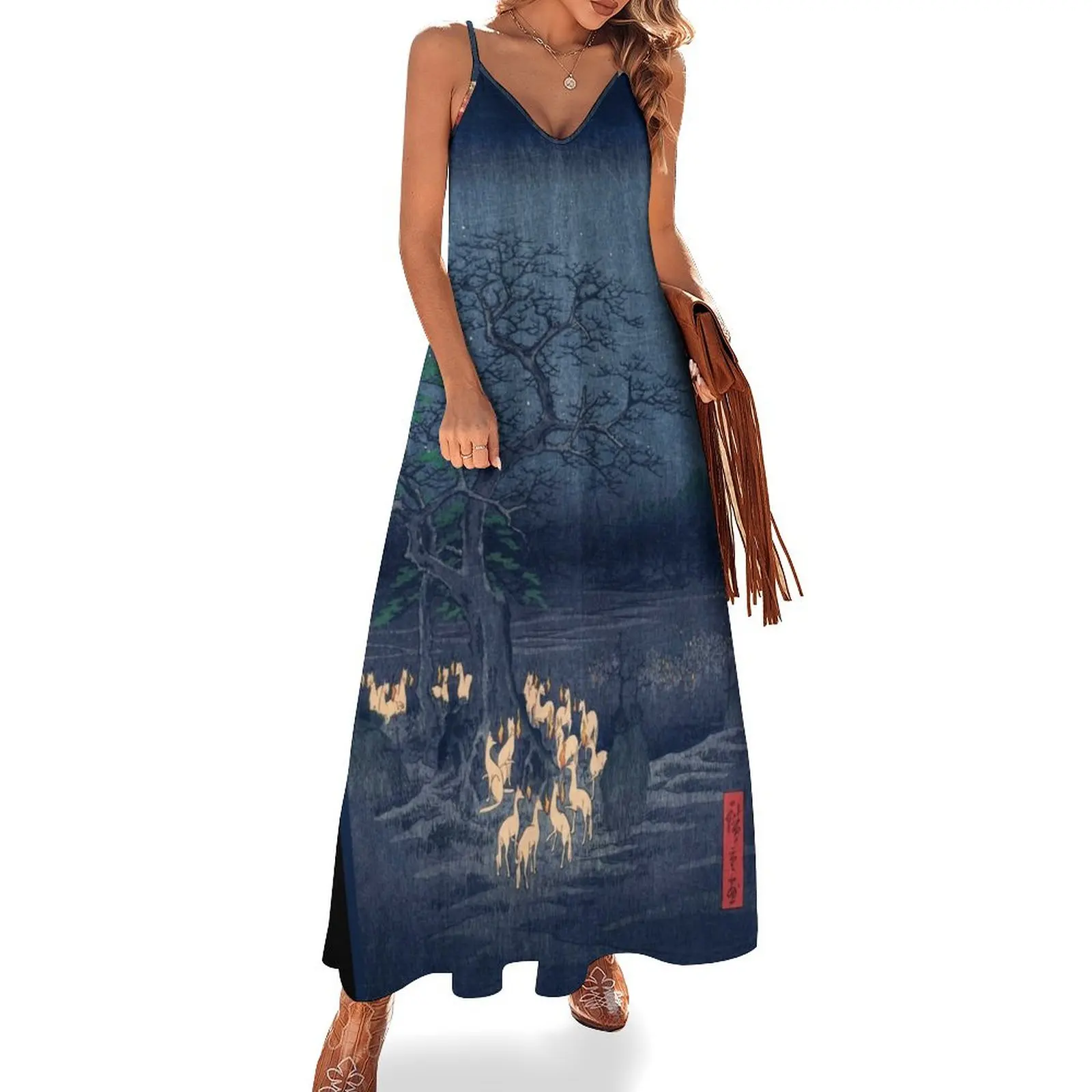 

Foxes at Night Shrine Vintage Ukiyo-e Japanese Art Sleeveless Long Dress Beachwear cute dress Dress