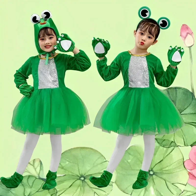 Green Kids Frog Cosplay Outfit Costume Animal Suit Tadpole Finding Mom Little Hopping Frog Dress Little Frog Dancing Clothes