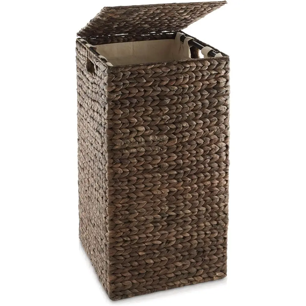 

Brown Woven Water Hyacinth Laundry Hamper with Lid and Removable Liner for Clothes and Towels Sorting