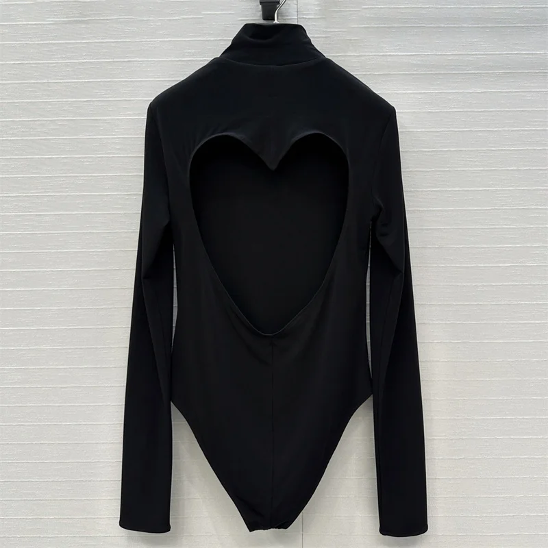 Bodysuit women New elastic slim fit long sleeved top for winter 2025 Heart shaped hollow women's jumpsuit Sexy backless corset