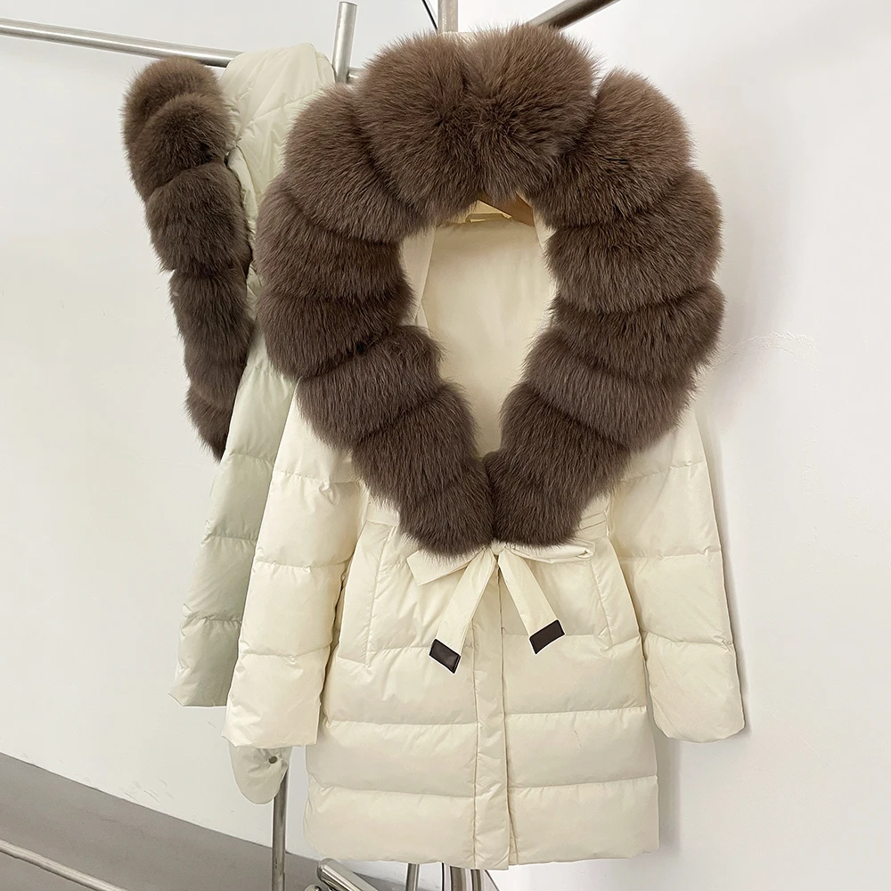 OFTBUY معطف الفرو الحقيقي المرأة الخريف الأبيض بطة أسفل معطف الشتاء الثعلب الفراء مقنعين معطف منتفخ الإناث موضة الثعلب الفراء ملابس خارجية