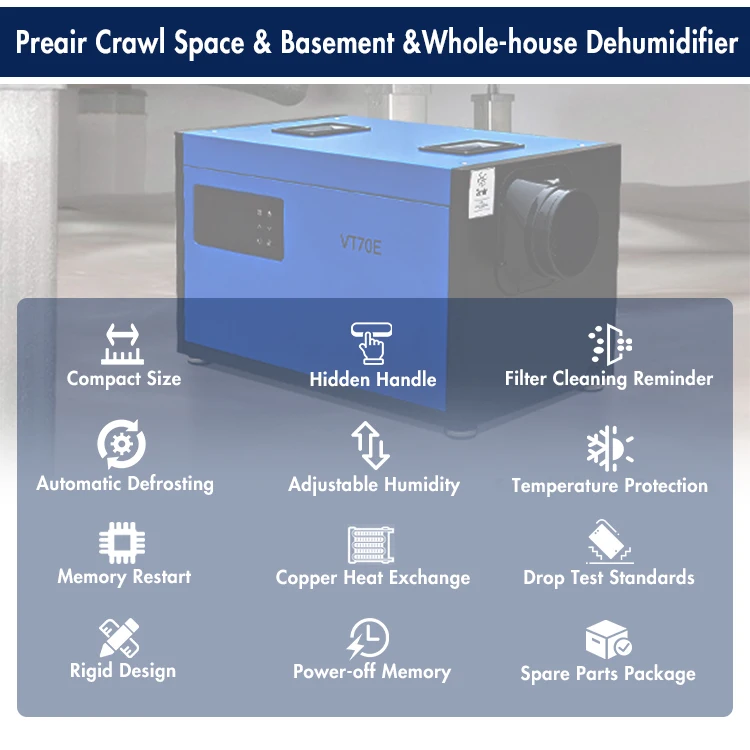 Preair R32 115V 70 Pints Crawl Space غرفة الطابق السفلي مزيل الرطوبة المنزل