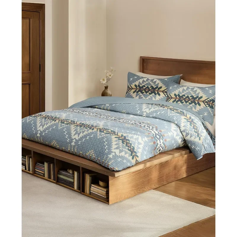 Bridge Creek Queen Quilt Set 100 Cotton Bed Set 3 Piece Blue
