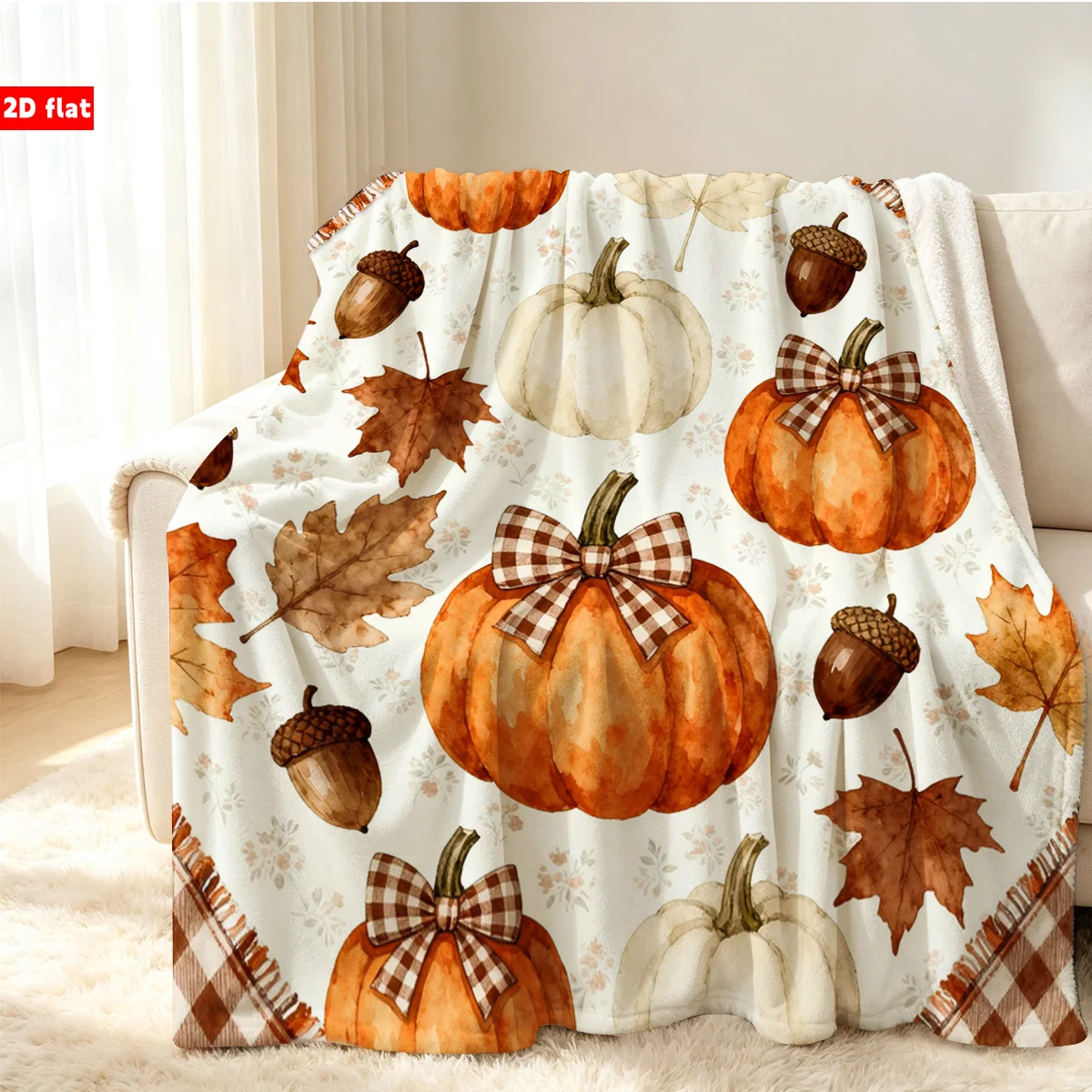 1pc 2D Flat Autumn Pumpkin Leaf Acorn Printed Flannel Throw Blanket Soft Cozy Anti Pilling Warm Fabric Multiple Sizes for Sofa B