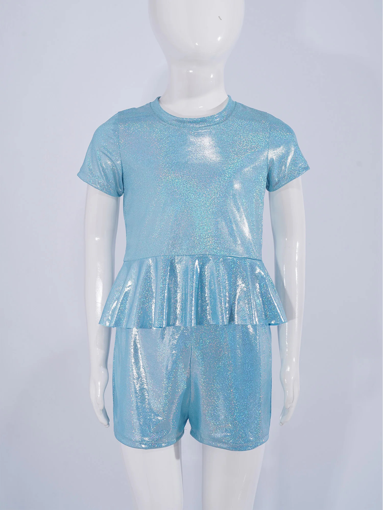 Kids Girls Metallic Shiny Outfit Sleeveless Crop Top with Shorts Jazz Modern Hip Hop Dance Cheerleading Performance Costume