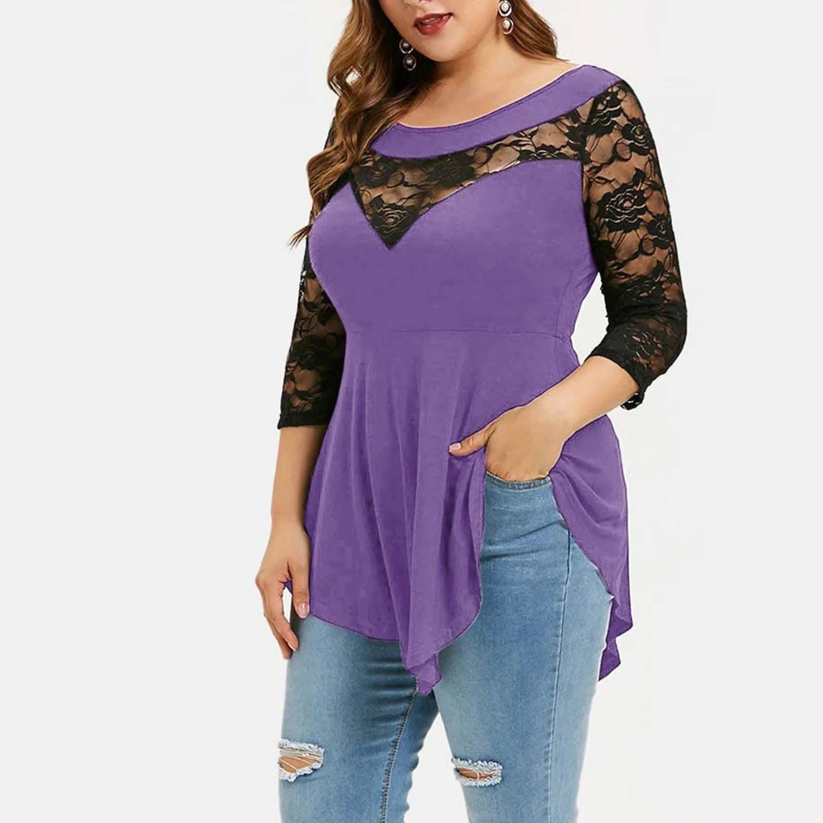 

Women Lace Asymmetric Tops Summer Fashion Floral Lace Hollow out Sexy O-Neck Daily Work Shirt Ladies Ruffles Solid Tops