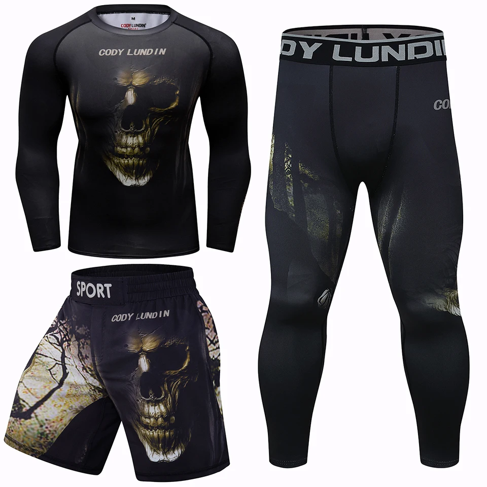 Cody kompresyjne T-shirty MMA + spodnie spodenki Muay Thai mężczyzn jiu jitsu BJJ Rashguard dres Fitness koszulki bokserskie kombinezon sportowy