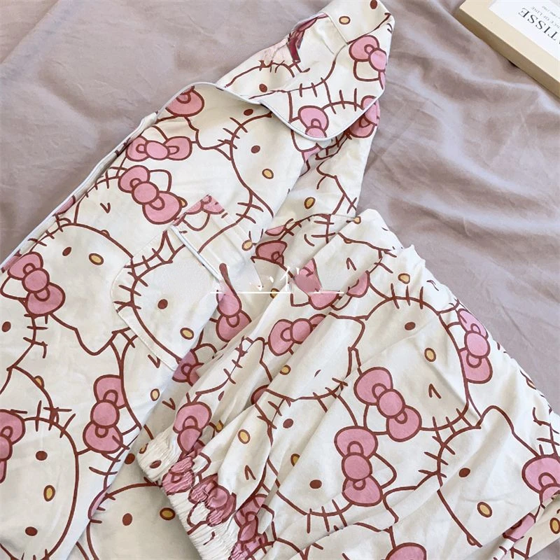 Sanrio-Conjunto de pijama de Hello Kitty Melody para mujer, ropa de casa bonita de gran tamaño, estilo coreano, primavera y otoño