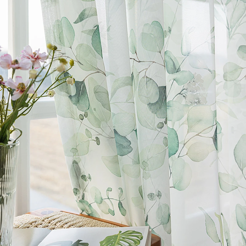 French Countryside Style Leaf Pattern Gauze Curtain Translucent Green Curtain Door Living Room Partition Decoration