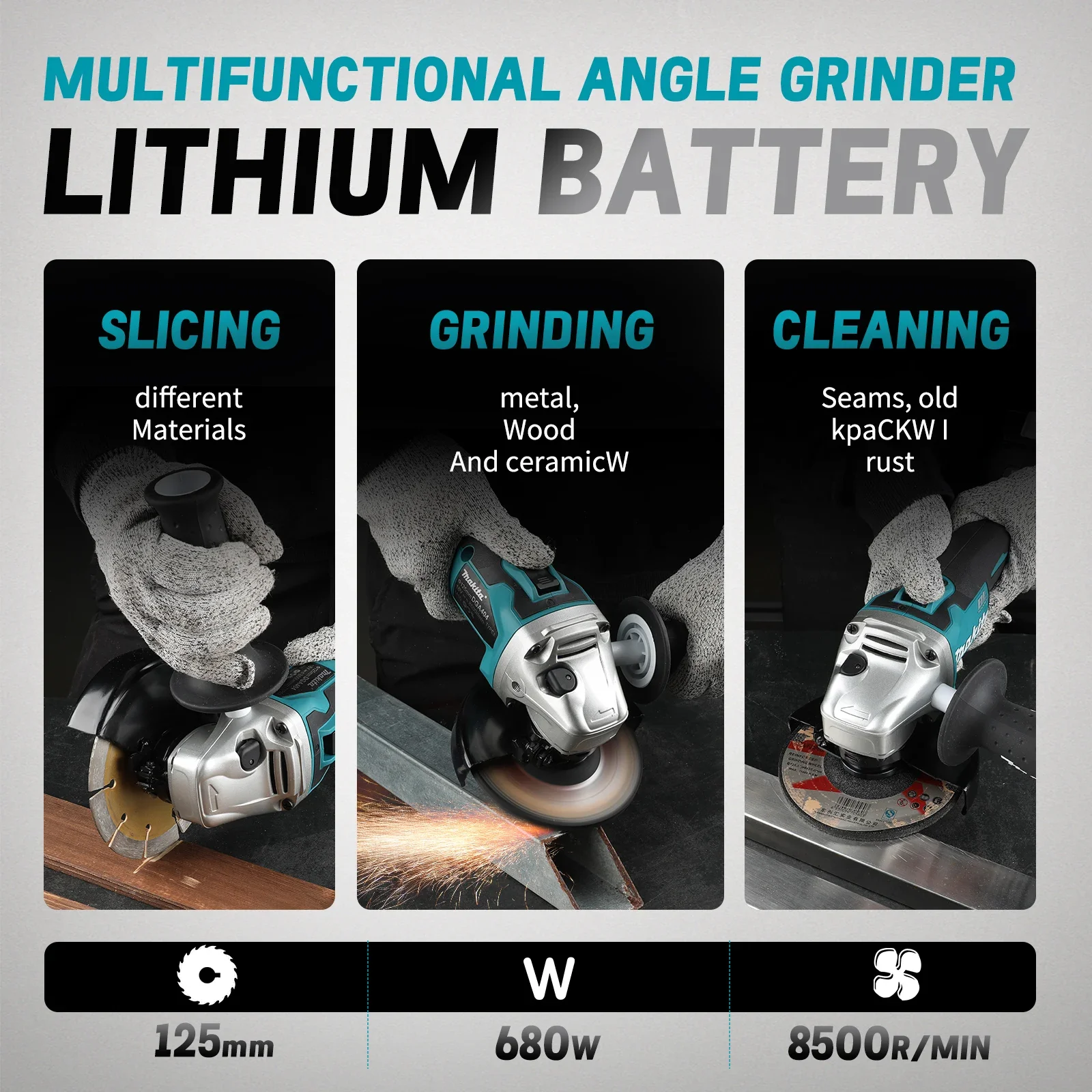 DGA404 100/125mm Brushless Lithium Electric Angle Grinder High Power Rechargeable Cutting Machine For Makita 18v Battery Pins
