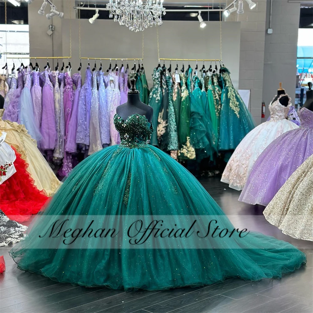 

Mexico Green Sweetheart Quinceanera Dress 2023 Bead Appliques Corset Prom Dress Ruffle Ball Gown Luxury Sweet 16 15