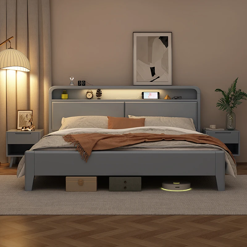 Modern simple gray solid wood high box storage master bedroom 1.8 meters 1.5 light luxury economy double bed