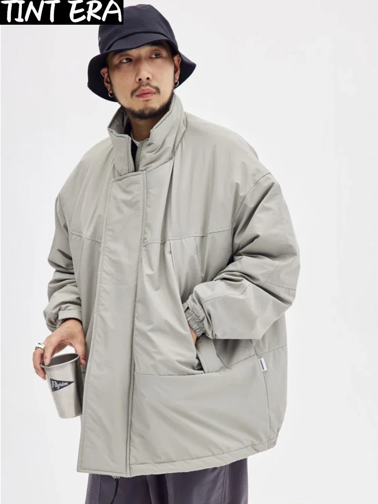 Casaco vintage de algodão carga para homens e mulheres, Harajuku, cor sólida, gola alta, parka, rua, solto, casual, inverno