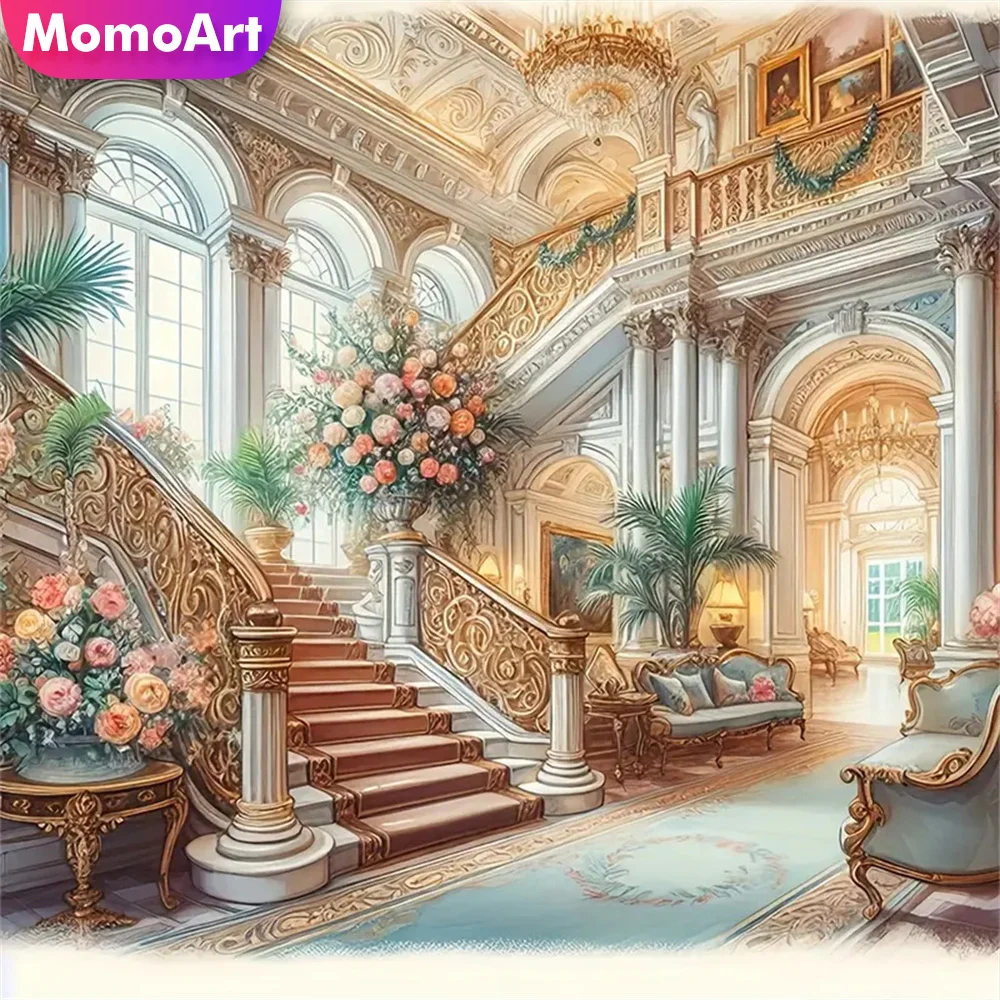 Momoart 5D-Diamant-Mosaik zum Selbermachen, Hauslandschaft, Bild von Strasssteinen, Diamant-Gemälde, Treppen, Stickerei, Blume, handgefertigtes Geschenk