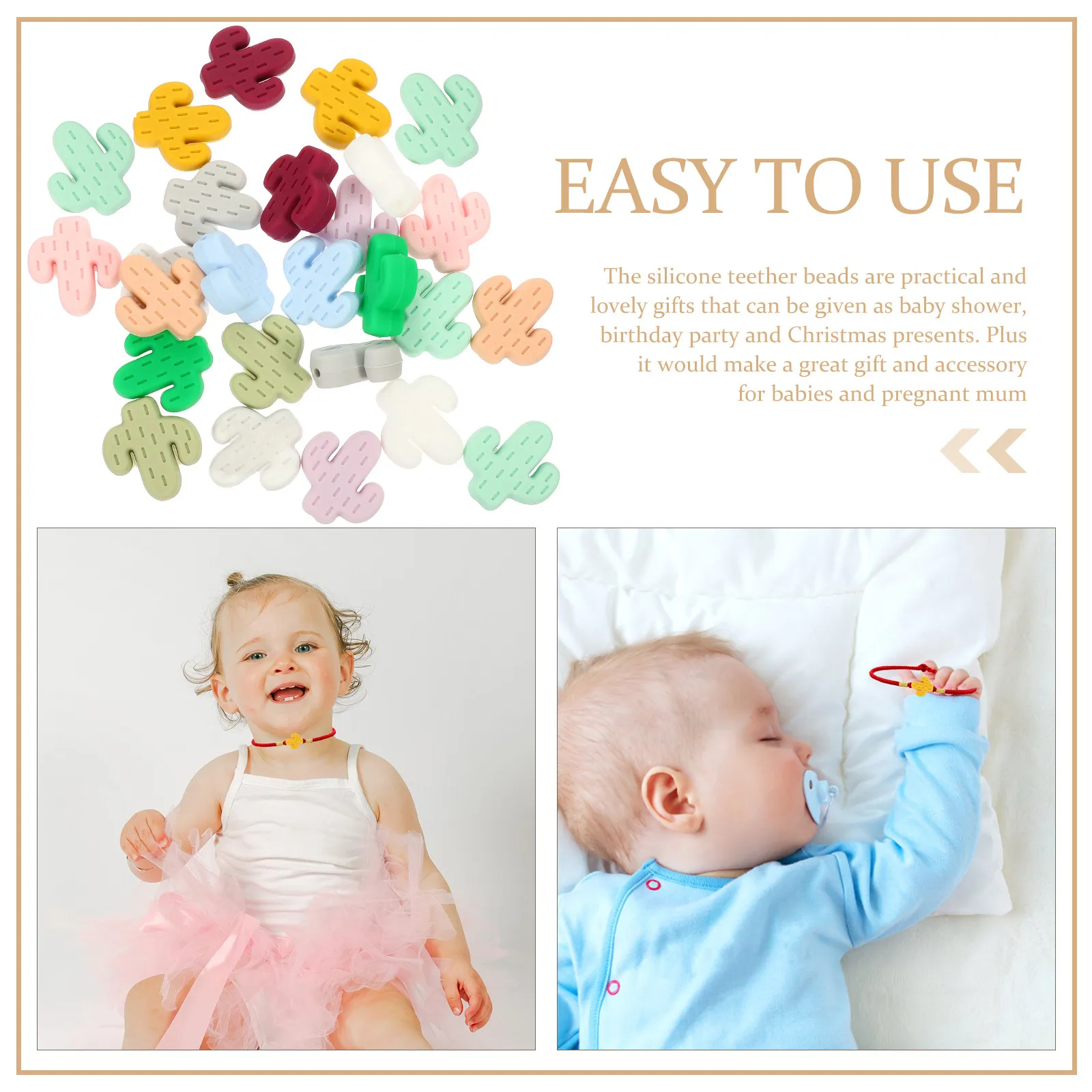 

24Pcs Baby Teether Beads Cactus Design Pacifier Chain Accessories Safe for Chewing and Grasping Pacifier Chain Parts