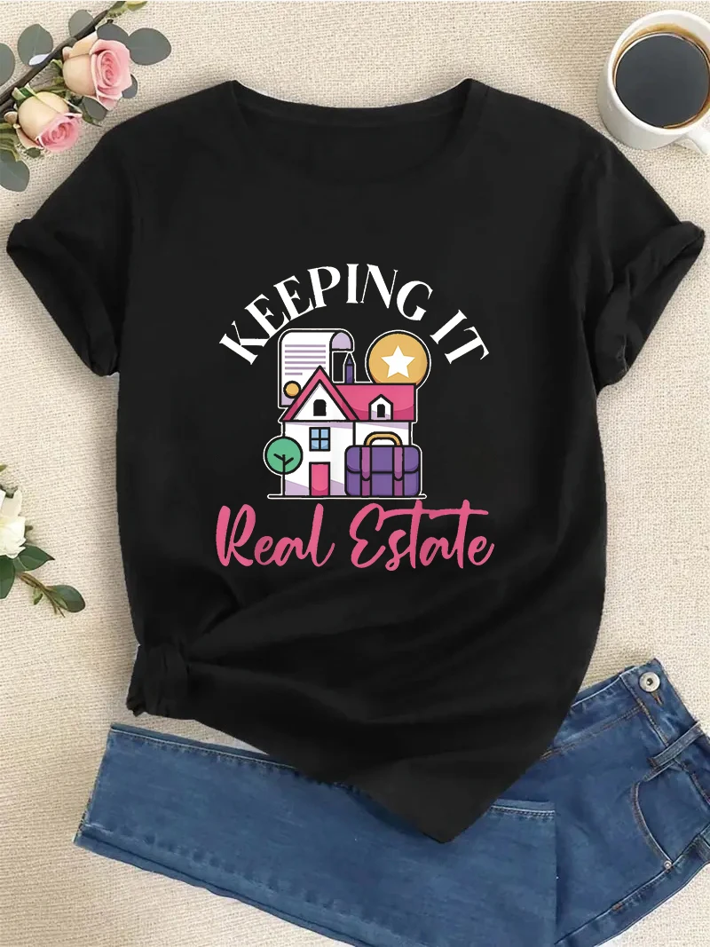 Camiseta de casa con estampado de letras para mujer, Top de manga corta, camiseta de moda para mujer