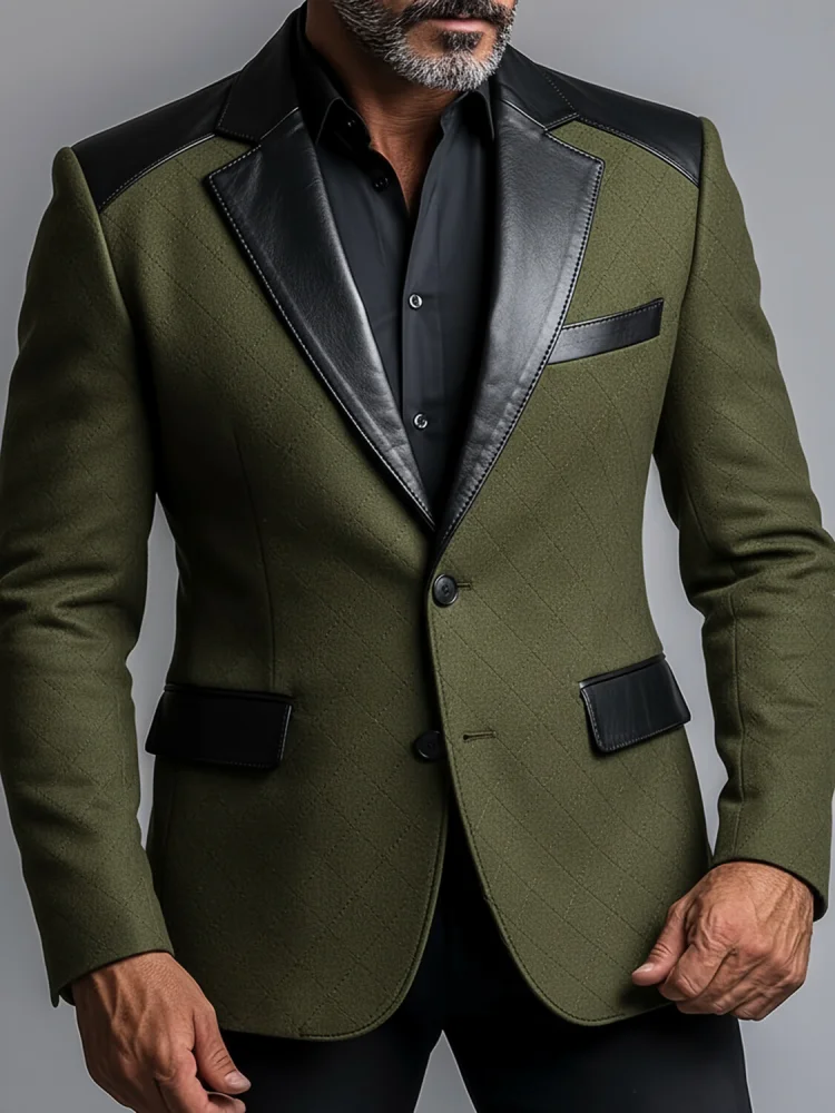 Men Contrast Suit‑Lapel Two‑Button Diagonal‑Textured Slim‑Fit Mature Light‑Business Blazer Jacket