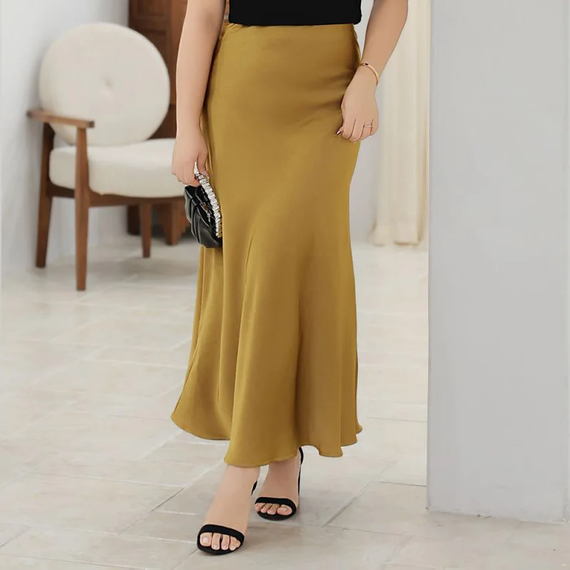 

Блестящая элегантная женская юбка больших размеров во французском стиле Премиум-класса из искусственного ацетата и атласа Русалка с высокой талией Юбка-миди с глянцевым краем