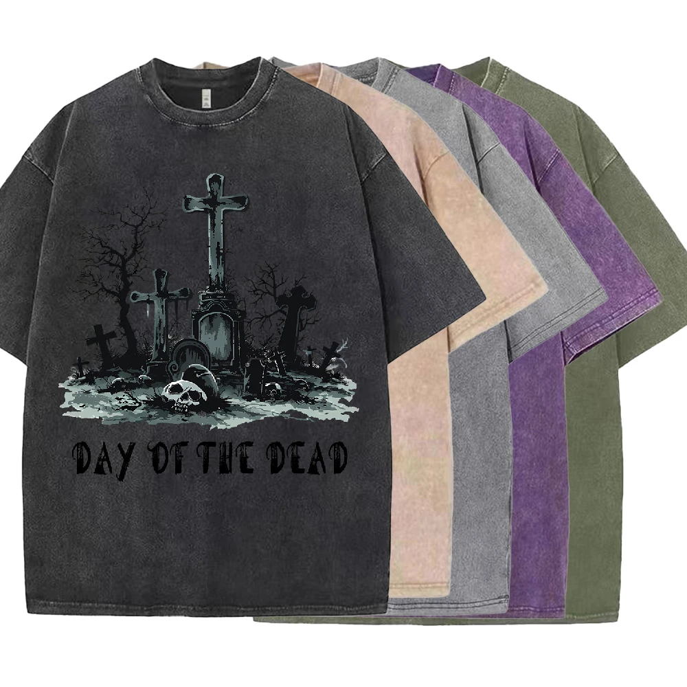 T Shirts for Men Adults Kids HALLOWEEN Tombstone DAY OF THE DEAD Graffiti Tshirt Washed Cotton Crewneck T-Shirt 2024 New Fashion