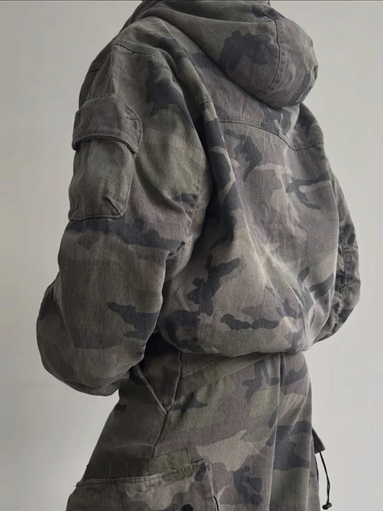 Women Camo Print Hooded Zipper Jacket Elastic Cuff Jacket Cropped Short Length Loose Puffer Winter Warm Winter Street Jackets