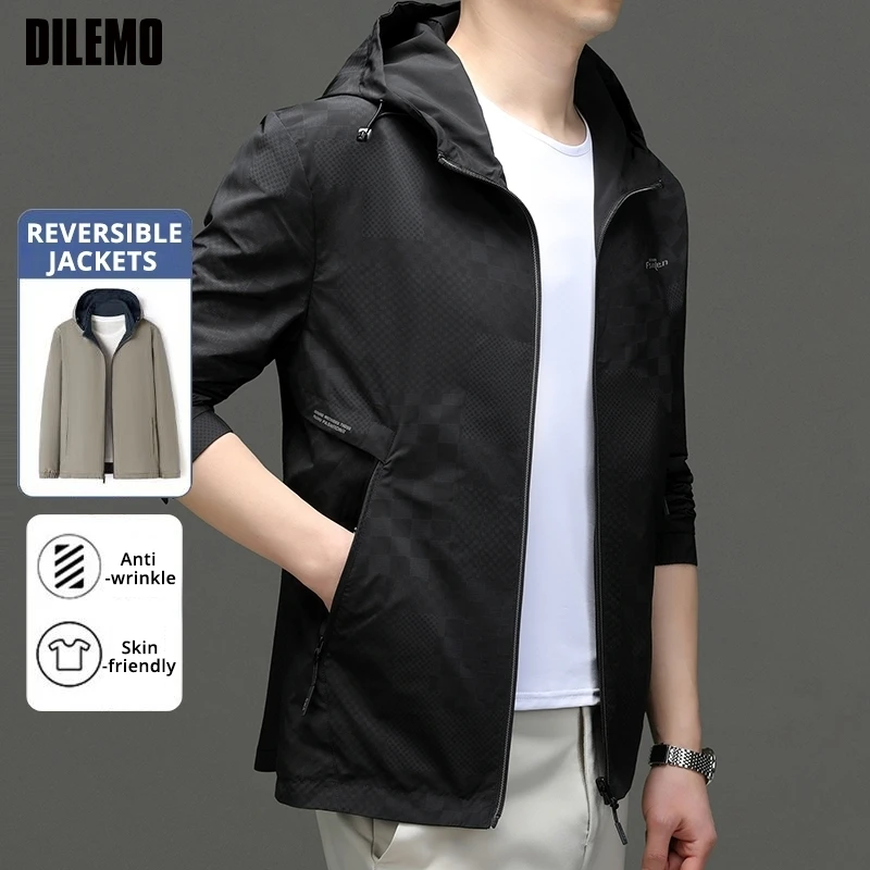 

High End Reversible Waterproof Breathable Jacket Men Hooded Casual Sport Outdoor Soft Shell Windbreaker Coats Outwear
