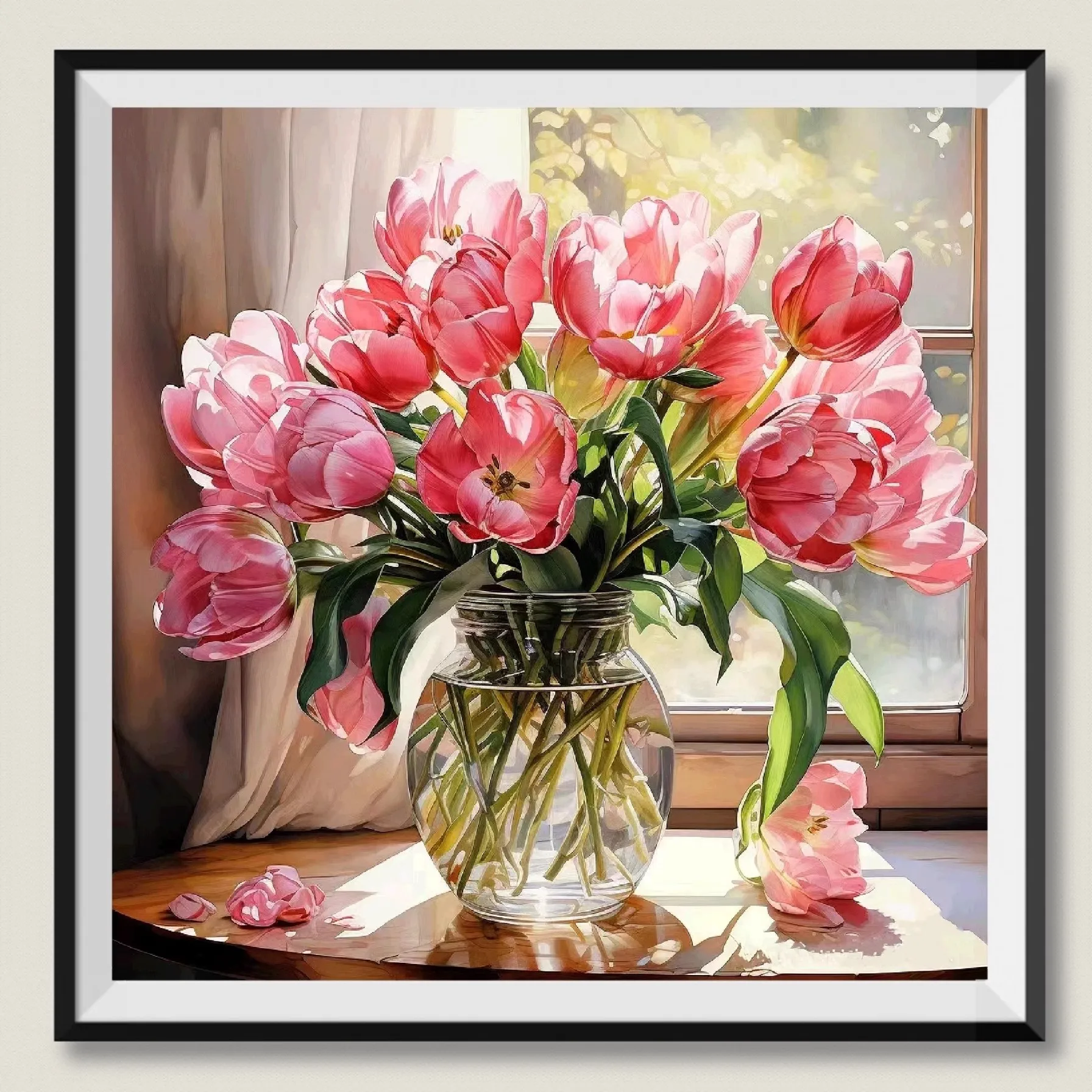 Pink Tulip  Large Square Four-ply Thread Golden  Fabric Cross Stitch Kit  Embroidery Art DIY Handmade Needlework Home Decor
