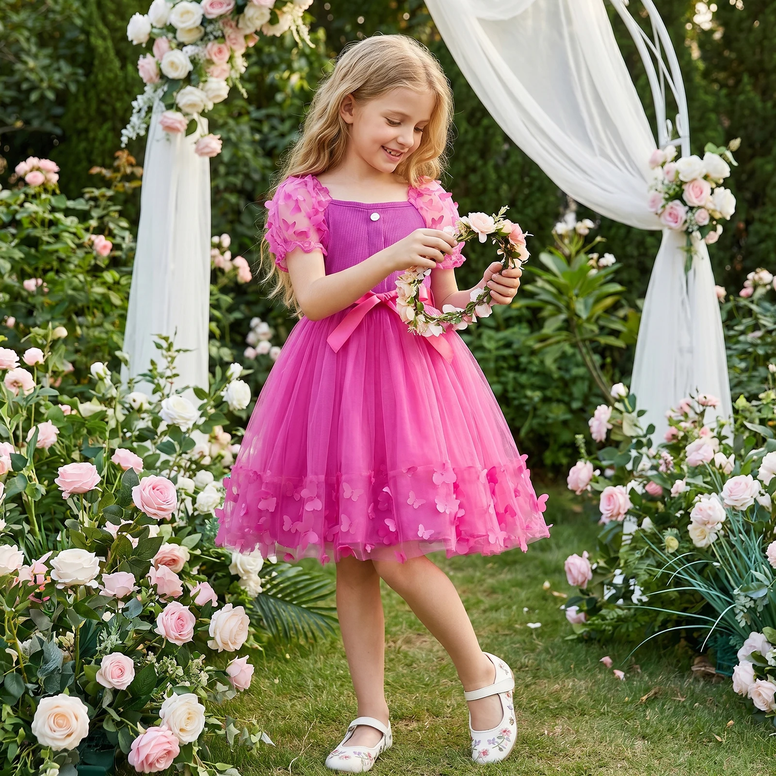 3-10Y Little Girl Tulle Dress with 3D Butterflies Puff Sleeve Square Neck A-line Princess Dress for Wedding Party