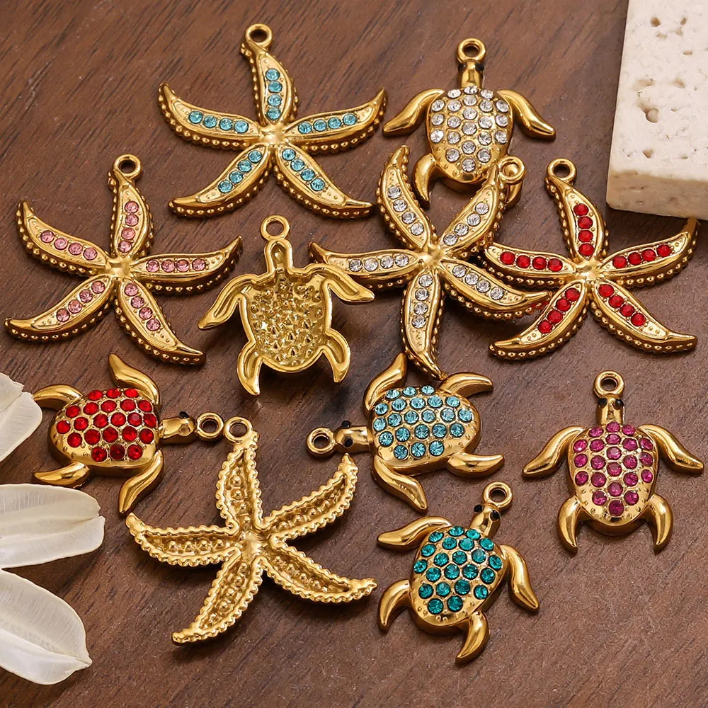 2/4 Pcs/Lot Stainless Steel Rhinestone Starfish Turtle Dolphin Pendant Gold Charm for DIY Charms Necklace Making Women Jewelry