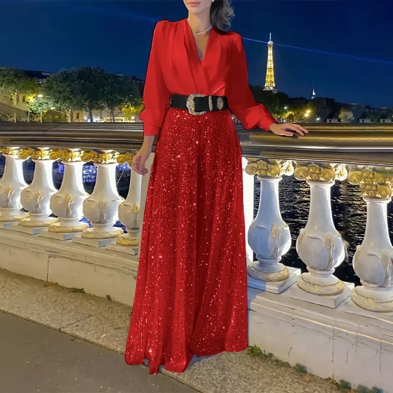 Women's Jumpsuit Fashion V-neck Long Sleeved Shirt with Elegant Temperament Slim Waist and Sequin Wide Leg Pants Autumn 2024