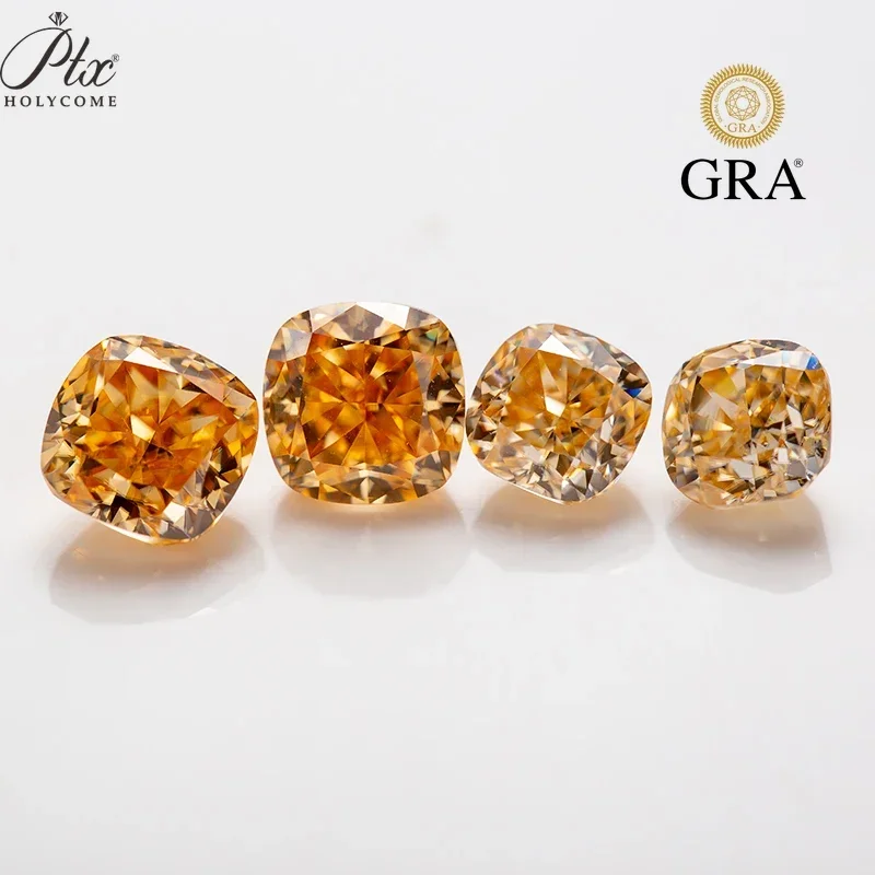 

PTX GRA Champagne VVS1 Free Engraving Girdle Loose Gemstones Crushed Ice Cut Cushion Moissanite Diamond For Jewelry Ring Making