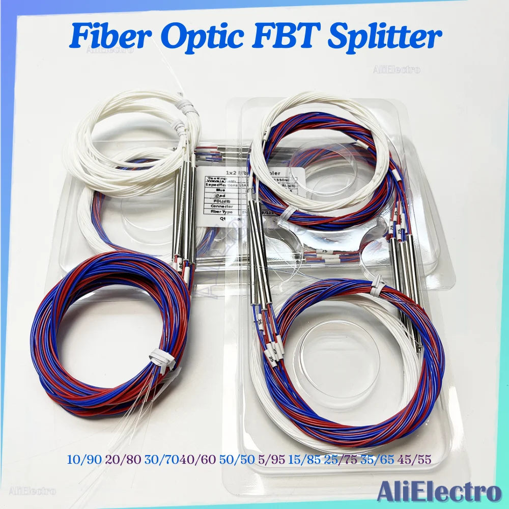 Acoplador desequilibrado de fibra óptica, divisor FBT, sin conectores, diferentes tipos, 10 piezas, 1x2, 0,9mm, 10/90, 20/80, 30/70, 40/60, 50/50