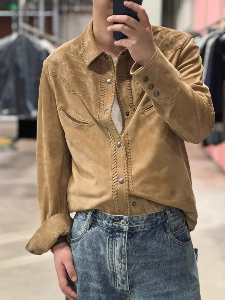 Mens Luxury Genuine Leather Vintage Jacket Slim Fit Shirt Collar Single Breasted Head Layer Sheep Suede Coats Punk Outerwear