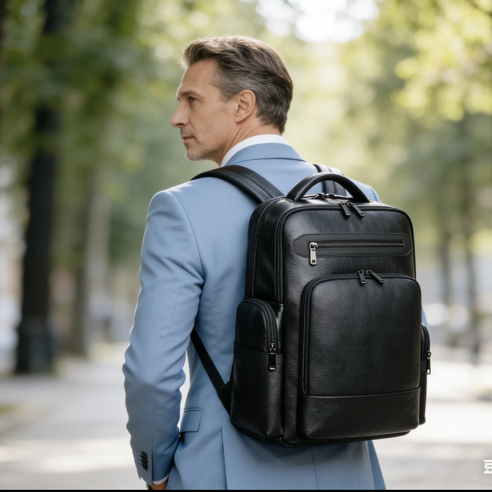 Genuine Leather Backpack for Men Business Black 15.6” Laptop with USB Charging Port Office Executive Mochila for Work Travel