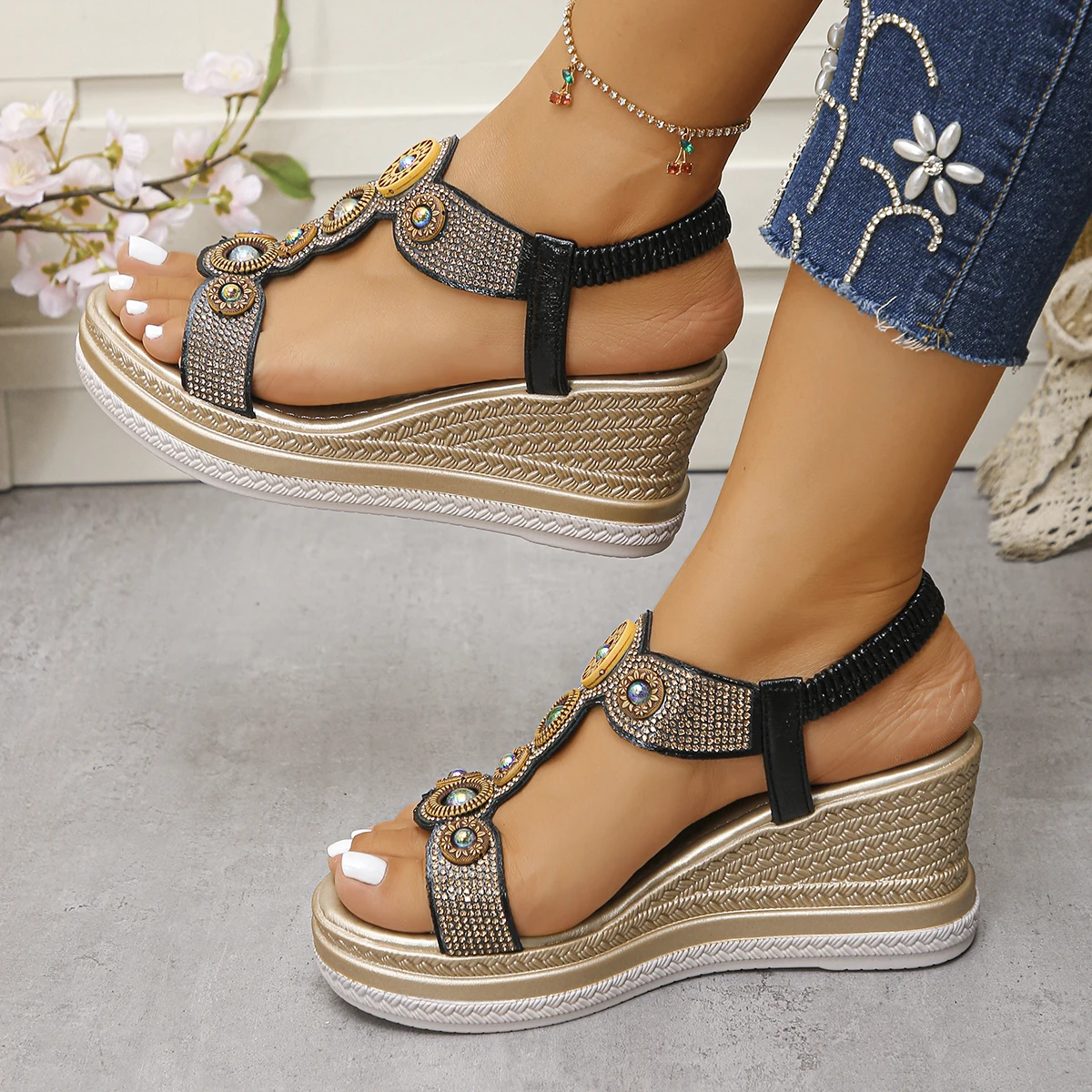 النساء الصنادل البوهيمي T حزام أحذية منصة للنساء أنيقة مريحة أحذية الشاطئ الكاحل حزام مفتوح الأصابع صندل خشبي #4