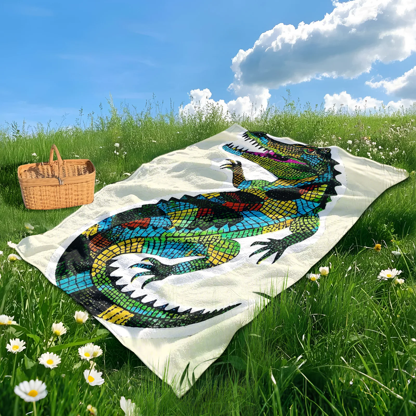 Crocodile Themed Yellow Green And White Cracked Pattern Blanket For Outdoor Use Durable And Stylish Design Ideal