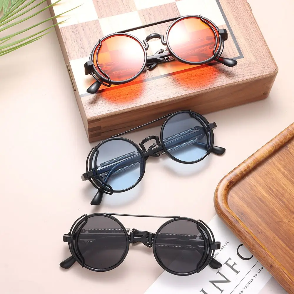 Punk Sunglasses Double Spring Temples Sun Glasses Fashion Trendy Round Sunglasses Men's Gothic Style UV400 Protection Eyewear