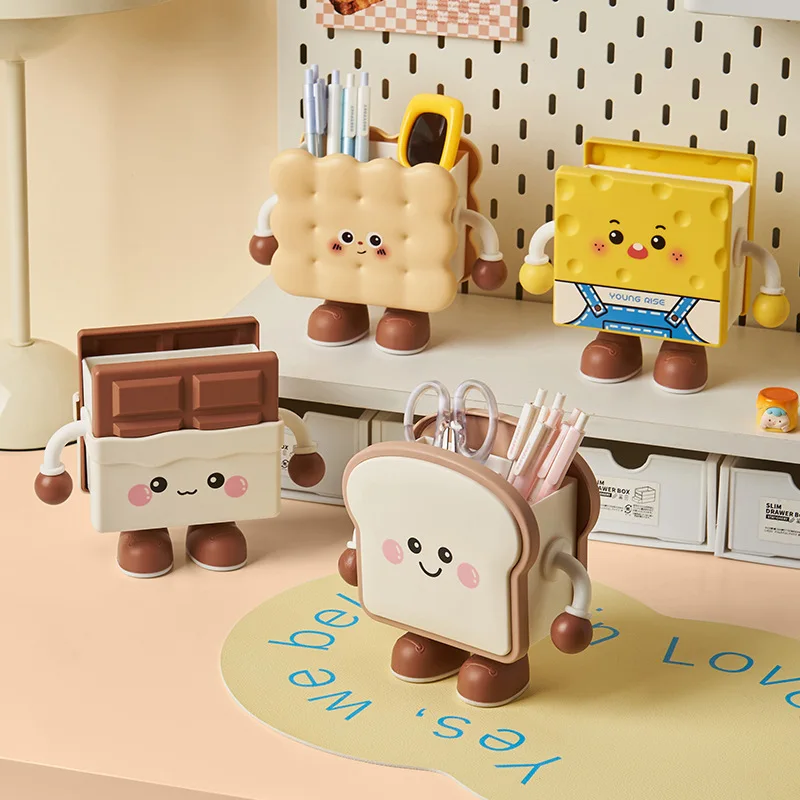 Cute Cartoon Biscuit Toast Storage Pen Holder, Multi-function Desktop Organizer Box, Student Dorm Dustproof Stationery Decor Gif