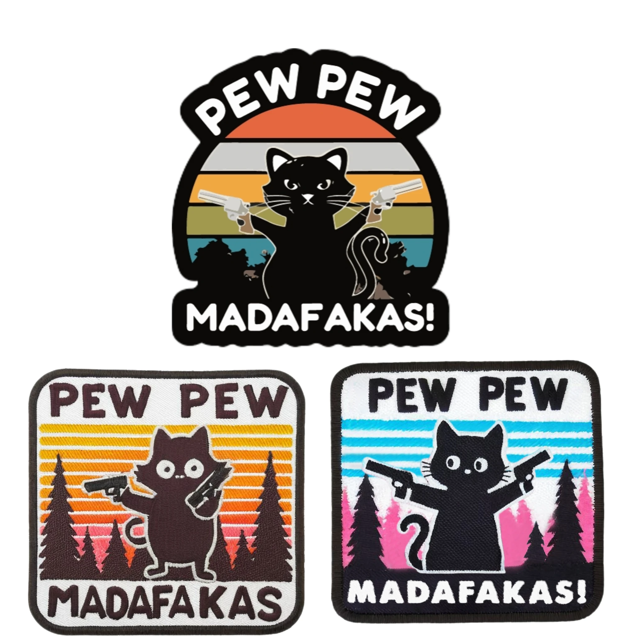 Pew Pew Madafakas Tactical Printing Embroidery Patch Military Double Spear Black Cat Badge Backpack Cloth Patches DIY Stickers