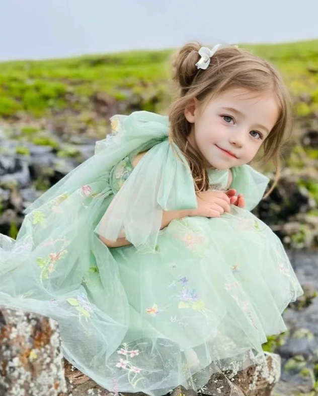 

Girls Dress Spring New Style Korean Sweet and Cute Bow Flower Embroidered Dress Fashion Casual Daily Elegant Fashion Wear