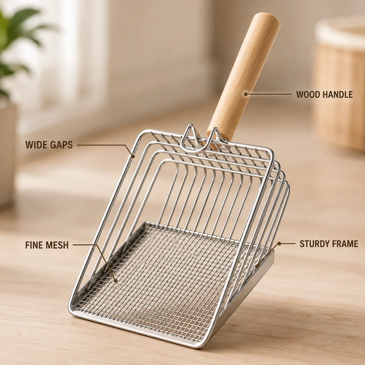 Metal Cat Litter Scoop with Wooden Handle, Wide Sifting Shovel with Fine Mesh and Large Slots, Hanging Hook Litter Box Cleaner