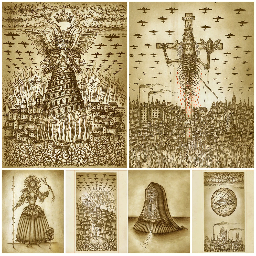 Apocalypse Of Digital Science Vintage Wall Art Canvas Painting Ancient Devil Belief And Modern Science Fiction Art Poster Print