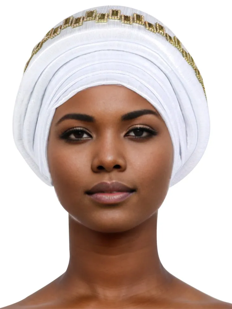 Twisted Braid Turban Cap For Women African Lady Head Wraps Diamonds Nigeria Raw Silk Autogele Headtie Muslim Hat Party Headwear