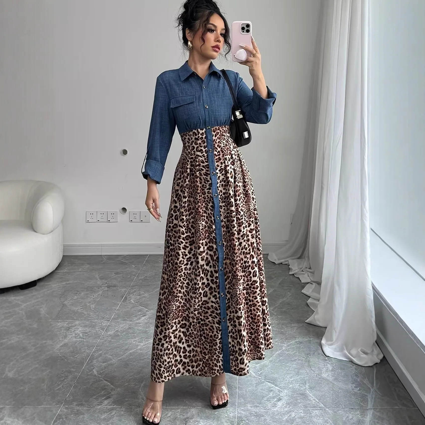 

Women's Dress Fall 2025 New Leopard Long Sleeve Shirt Style A-Pendulum Dress Splicing Casual Fashion Personality Vestidos Robes