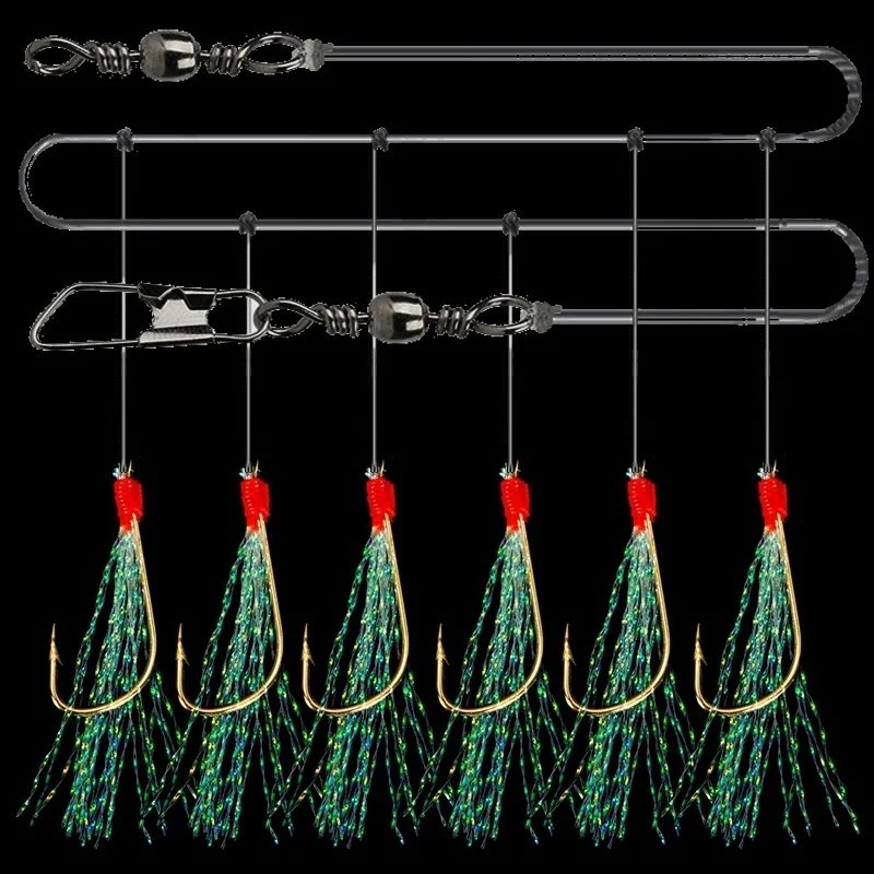 50Packs Hooks Sabiki Feather Lure Flasher Rig Fishskin String Hook Bait Luminous Mackerel Saltwater Sea Fishing Snapper Pesca