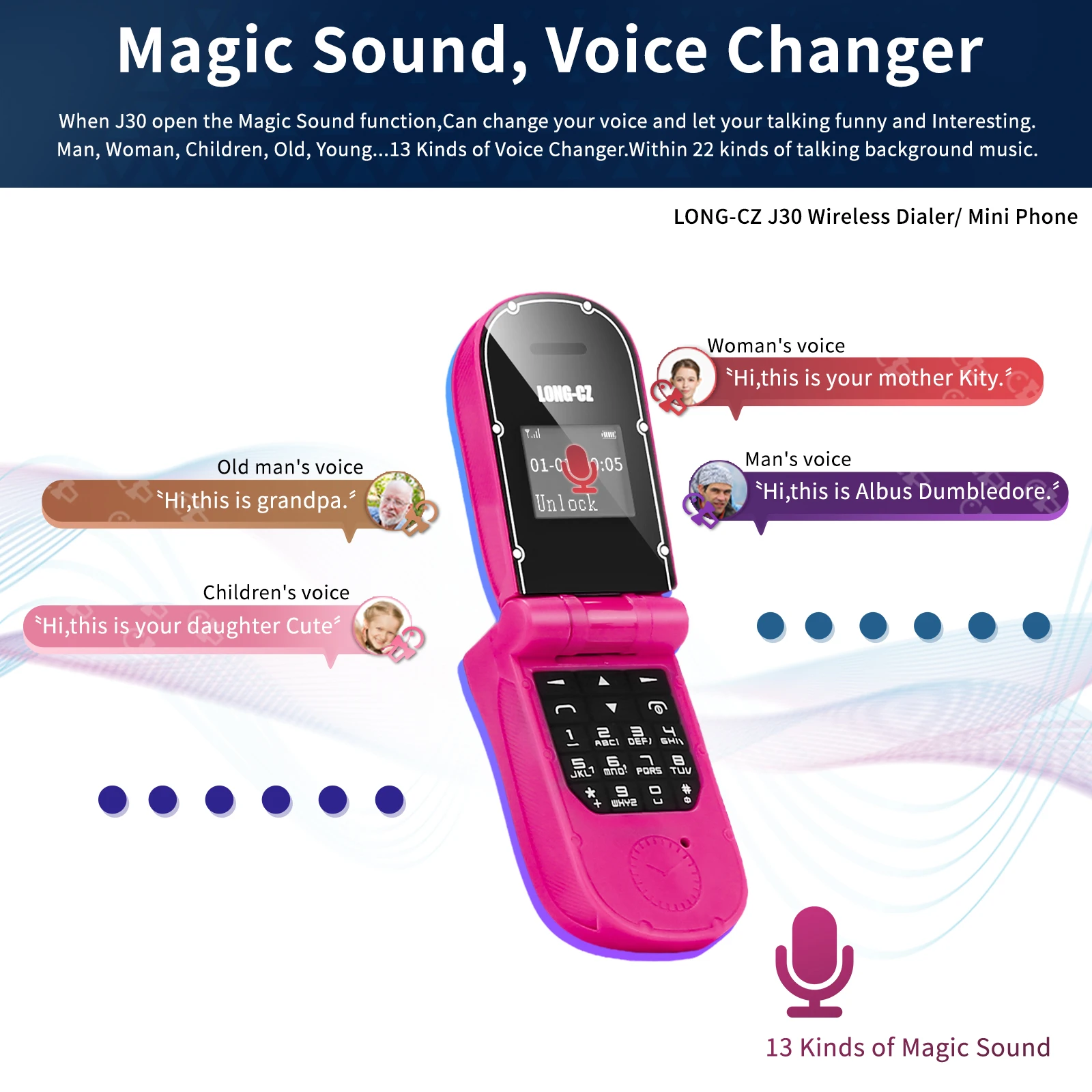 LONG-CZ J30 Magic Voice Wireless Bluetooth Dialer Mini Flip Phone Small Cellphone Children Mobile SOS Single SIM