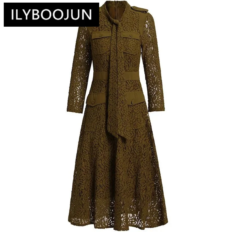 

ILYBOOJUN Fashion Women's 2024 Spring New Lace-Up Stand-Up Collar Hollow Out Lace Patchwork Pocket High-Waisted Slim-Fit Dress