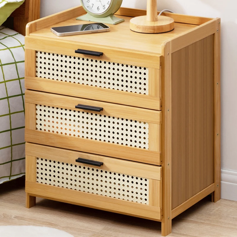 Bamboo Nightstand with Drawers Rattan Pattern End Table Sofa Side Table Bedside Table for Small Spaces Accent